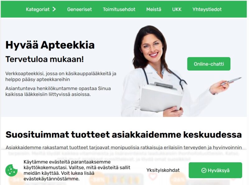 Kuvakaappaus Hyvää Apteekkia -sivuston etusivusta.